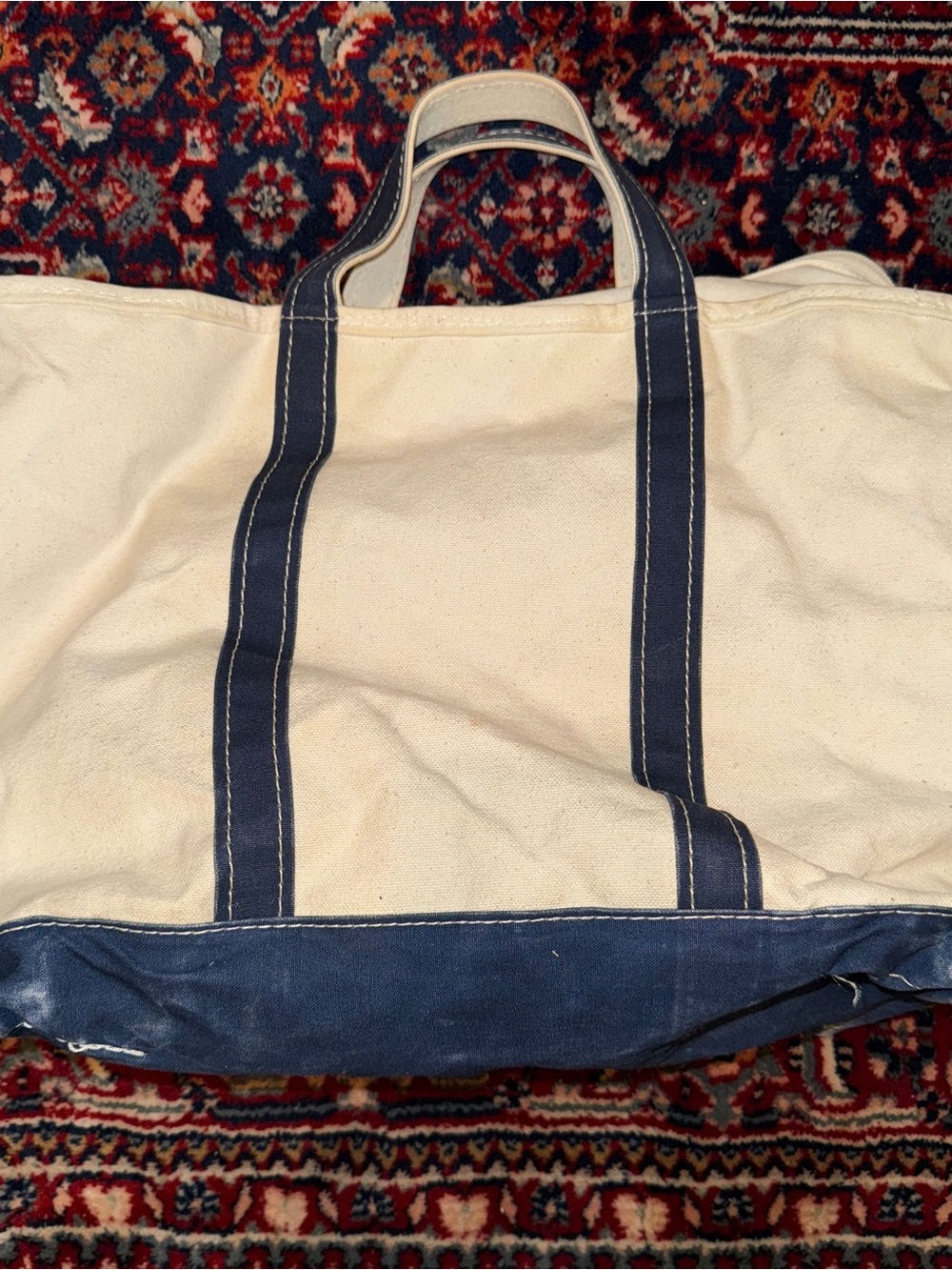 Vintage LL Bean Blue/White Canvas Boat And Tote Bag Medium Zipper Top 18” - Picture 2 of 7